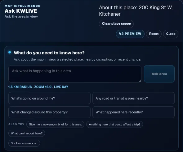 The real Ask KW Live panel scoped to 200 King St W, Kitchener, showing the place-scope chip, the question field and suggested questions such as what changed around this property.